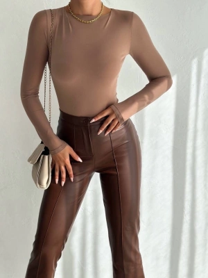 Tül kollu bluz vizon f2252