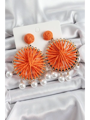 Turuncu Hasır Örgü Sarmal Model Sallantılı İnci Detaylı Gold Renk Kadın Küpe