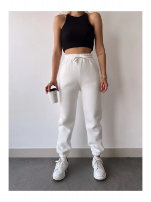 Üç İplik Basic Lastikli Eşofman Pantolon - Beyaz