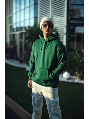 Üç İplik Penye Kapşonlu Basic SweatShirt - Haki