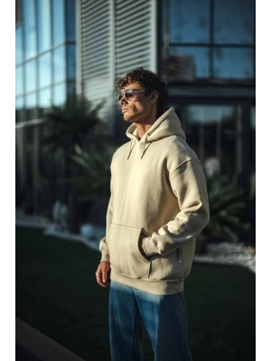 Üç İplik Penye kapüşonlu Basic SweatShirt - Bej