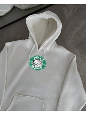 Üç İplik Penye Uzun Kol Kapüşonlu SweatShirt - Beyaz