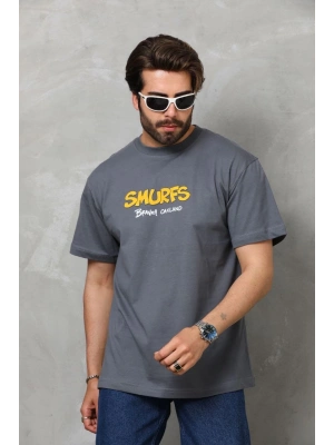 Unisex Basic Bisiklet Yaka Oversize T-Shirt - Füme