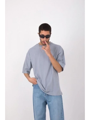 Unisex Basic Bisiklet Yaka Oversize T-Shirt - Gri