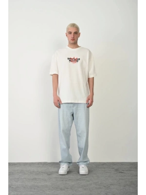 Unisex Baskılı Bisiklet Yaka Oversize T-Shirt - Beyaz