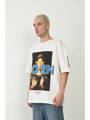 Unisex Baskılı Bisiklet Yaka Oversize T-Shirt - Beyaz