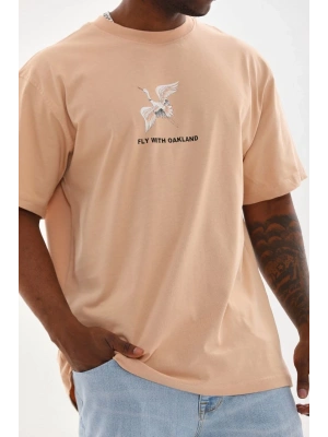 Unisex Baskılı Oversize T-Shirt - Bej