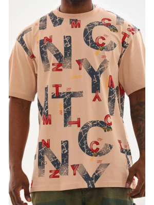 Unisex Baskılı Oversize T-Shirt - Bej