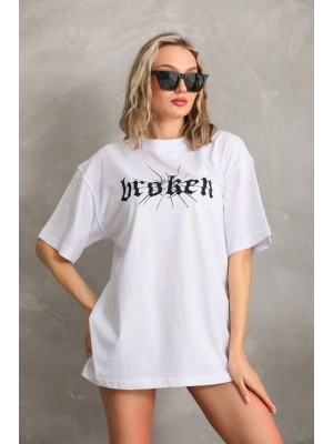 Unisex Baskılı Oversize T-Shirt - Beyaz