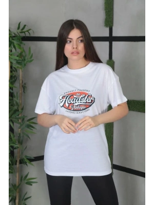 Unisex Baskılı Oversize T-Shirt - Beyaz