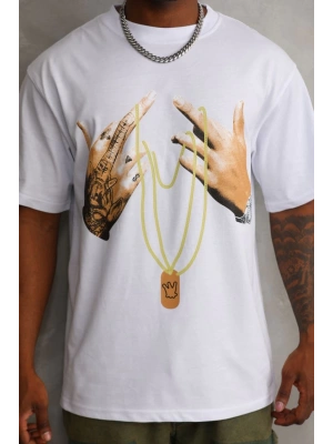 Unisex Baskılı Oversize T-Shirt - Beyaz