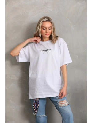 Unisex Baskılı Oversize T-Shirt - Beyaz