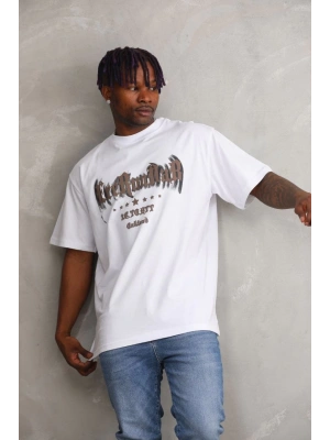 Unisex Baskılı Oversize T-Shirt - Beyaz