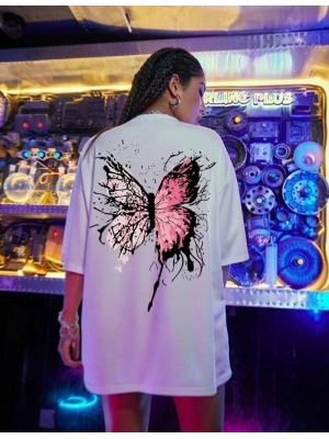 Unisex Baskılı Oversize T-Shirt - Beyaz