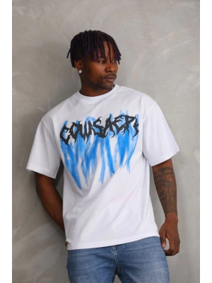 Unisex Baskılı Oversize T-Shirt - Beyaz