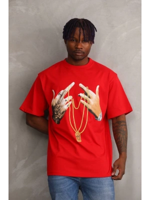 Unisex Baskılı Oversize T-Shirt - Kırmızı