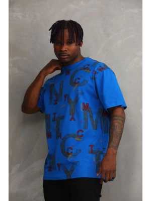 Unisex Baskılı Oversize T-Shirt - Mavi