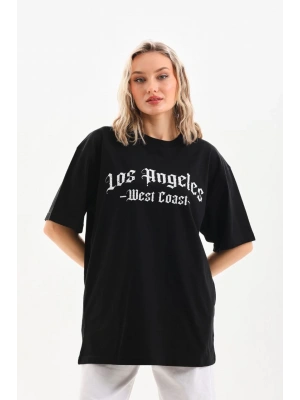 Unisex Baskılı Oversize T-Shirt - Siyah