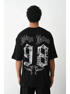 Unisex Baskılı Oversize T-Shirt - Siyah