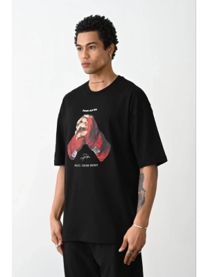 Unisex Baskılı Oversize T-Shirt - Siyah