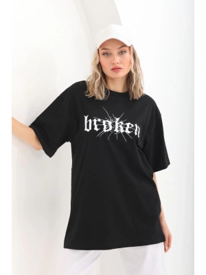 Unisex Baskılı Oversize T-Shirt - Siyah