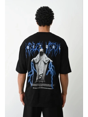 Unisex Baskılı Oversize T-Shirt - Siyah