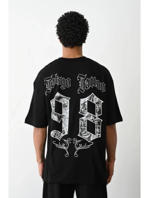 Unisex Baskılı Oversize T-Shirt - Siyah