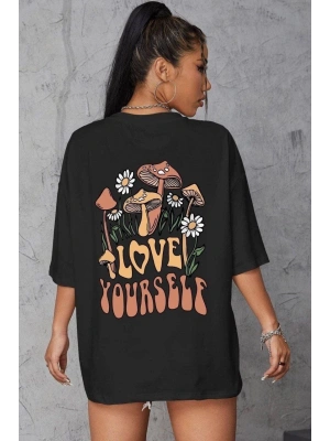 Unisex Baskılı Oversize T-Shirt - Siyah