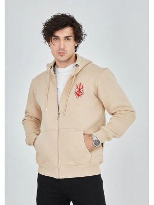Unisex Baskılı Tam Fermuarlı Kapşonlu SweatShirt - Bej