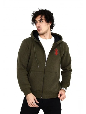 Unisex Baskılı Tam Fermuarlı Kapşonlu SweatShirt - Haki