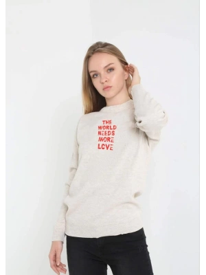 Unisex Bisiklet Yaka Baskılı Dokuma Triko - Bej