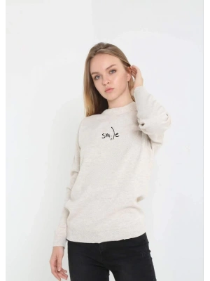 Unisex Bisiklet Yaka Baskılı Dokuma Triko - Bej