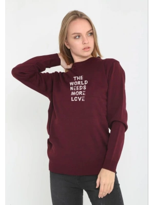 Unisex Bisiklet Yaka Baskılı Dokuma Triko - Bordo