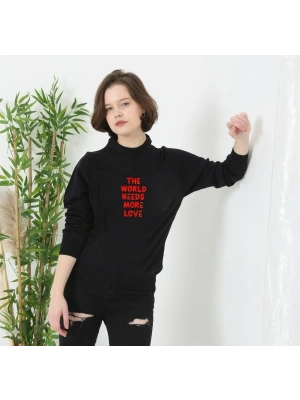 Unisex Bisiklet Yaka Baskılı Dokuma Triko - Siyah