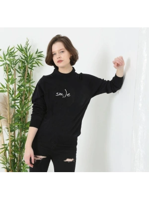 Unisex Bisiklet Yaka Baskılı Dokuma Triko - Siyah