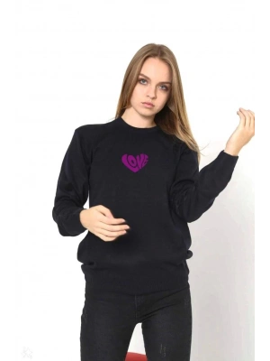 Unisex Bisiklet Yaka Baskılı Dokuma Triko - Siyah