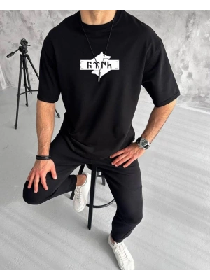 Unisex Bisiklet Yaka Baskılı Double Oversize T-Shirt - Siyah