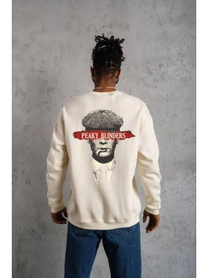 Unisex Bisiklet Yaka Baskılı Oversize Sweatshirt - Beyaz