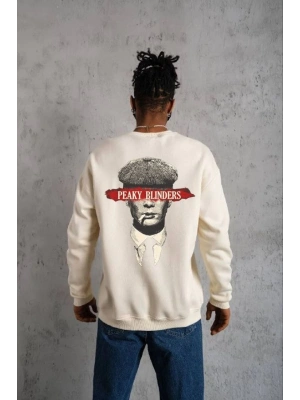 Unisex Bisiklet Yaka Baskılı Oversize Sweatshirt - Beyaz