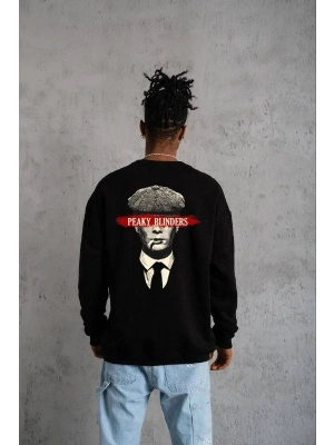 Unisex Bisiklet Yaka Baskılı Oversize Sweatshirt - Siyah