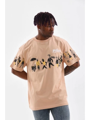 Unisex Bisiklet Yaka Baskılı Oversize T-Shirt - Bej