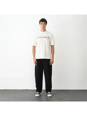 Unisex Bisiklet Yaka Baskılı Oversize T-Shirt - Beyaz