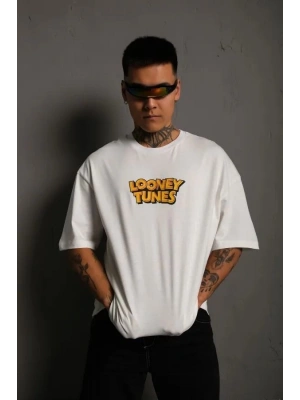 Unisex Bisiklet Yaka Baskılı Oversize T-Shirt - Beyaz