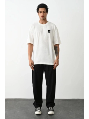 Unisex Bisiklet Yaka Baskılı Oversize T-Shirt - Beyaz