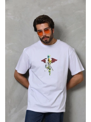Unisex Bisiklet Yaka Baskılı Oversize T-Shirt - Beyaz