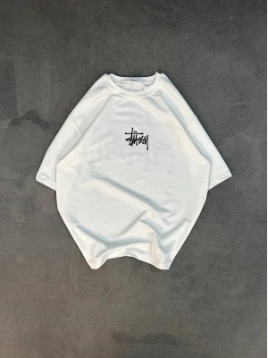 Unisex Bisiklet Yaka Baskılı Oversize T-Shirt - Beyaz