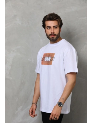 Unisex Bisiklet Yaka Baskılı Oversize T-Shirt - Beyaz