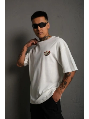 Unisex Bisiklet Yaka Baskılı Oversize T-Shirt - Beyaz