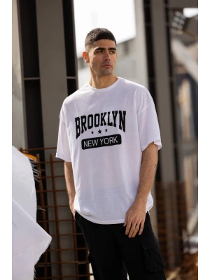 Unisex Bisiklet Yaka Baskılı Oversize T-Shirt - Beyaz