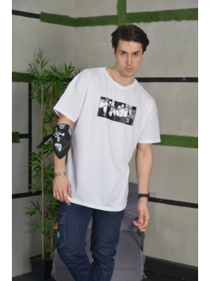 Unisex Bisiklet Yaka Baskılı Oversize T-Shirt - Beyaz